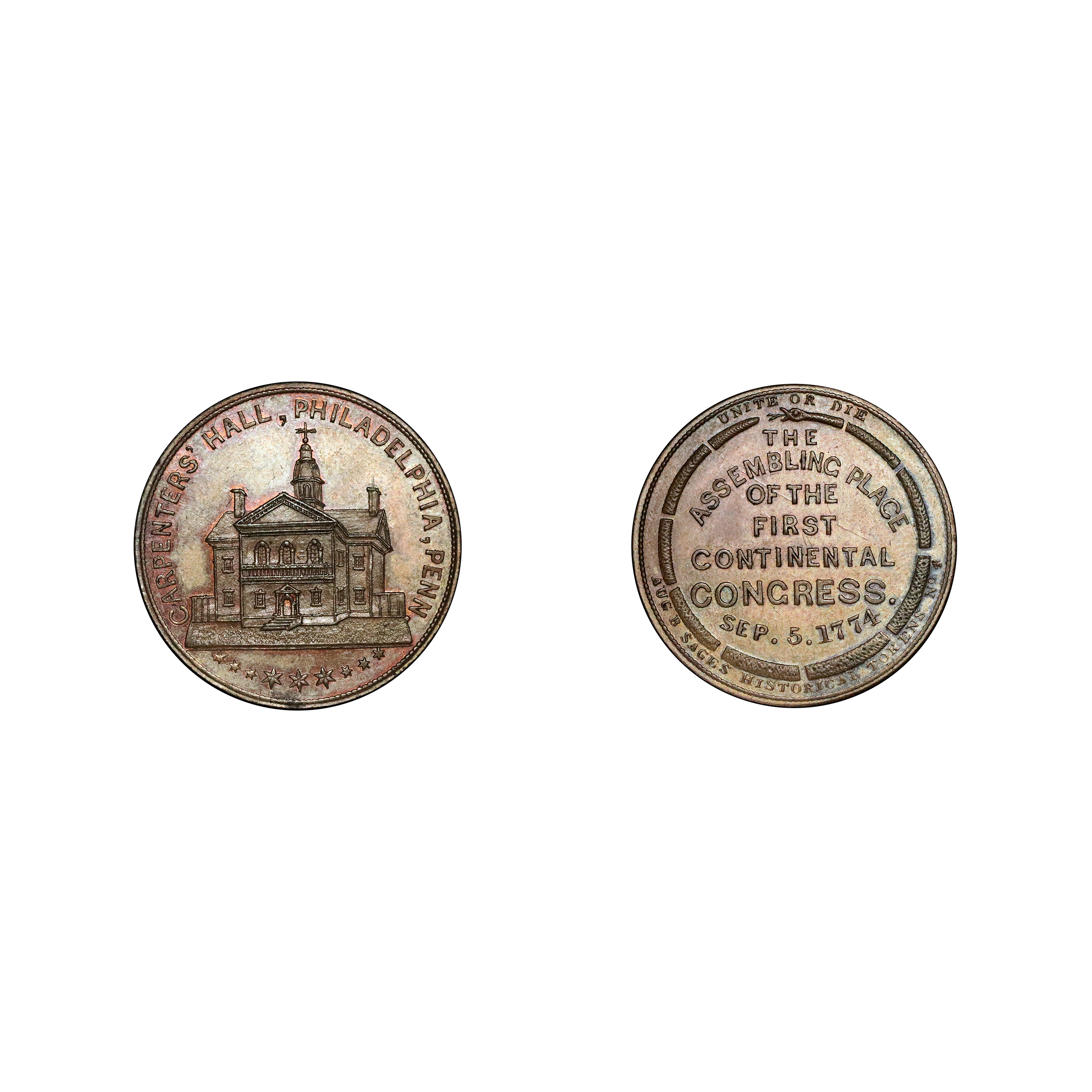 LOT 587 Augustus B. Sage; No.4, Carpenters' Hall / First Continental Congress Historical Token