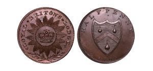 Lot 211 - Prattent's Middlesex Loyal Britons Mule halfpenny D&H 1032, Ex-Cokayne