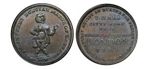 Lot 106 - Lutwyche’s Middlesex Sir Jeffery Dunstan penny D&H 26a, overstruck ASYLUM edge