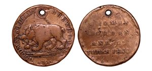 Lot 102 - Middlesex Goodman's Fields Brass Threepence D&H 3, RRR, Ex-Noble