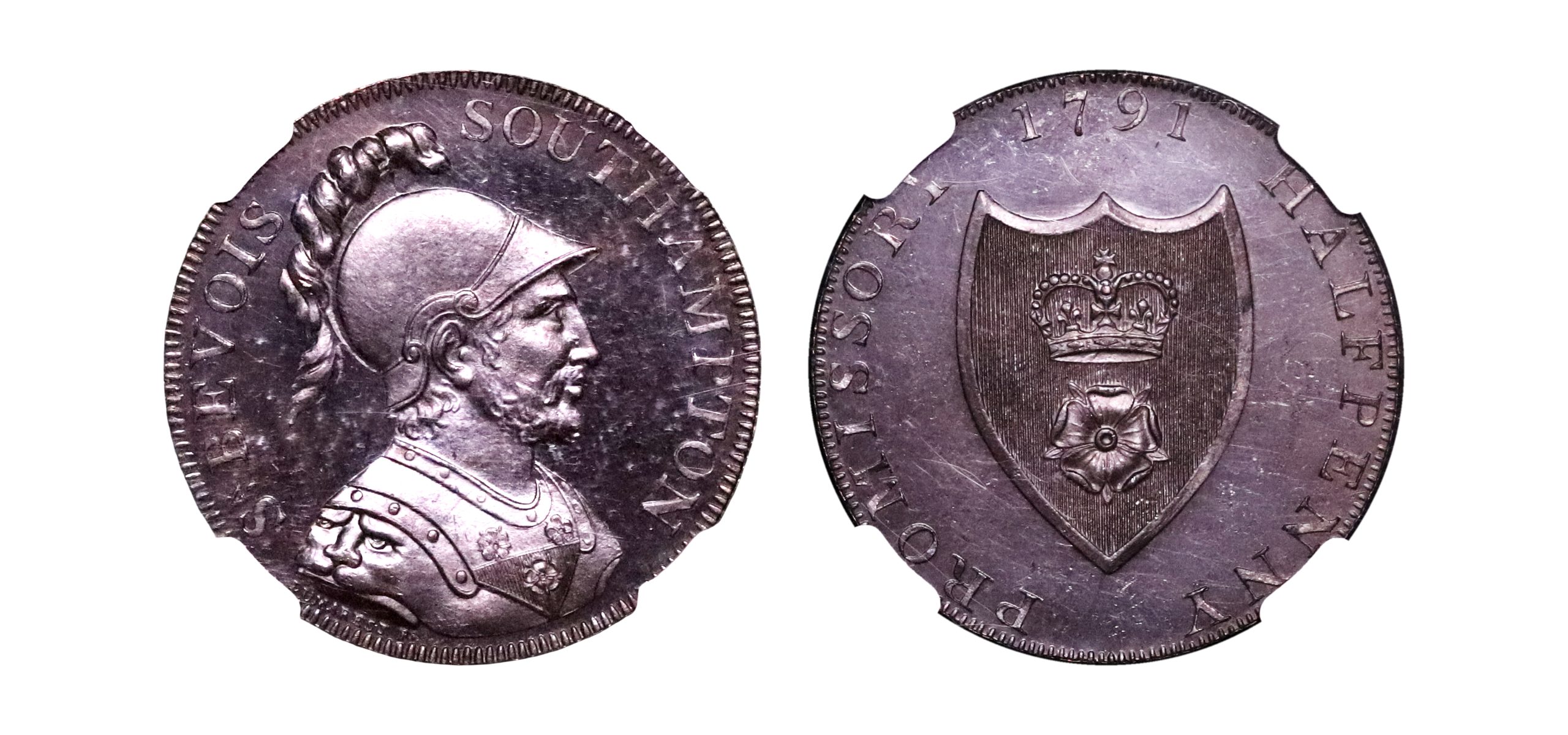 Lot 90 - Boulton's Hampshire Southampton bronzed proof halfpenny D&H 89, NGC 64PL