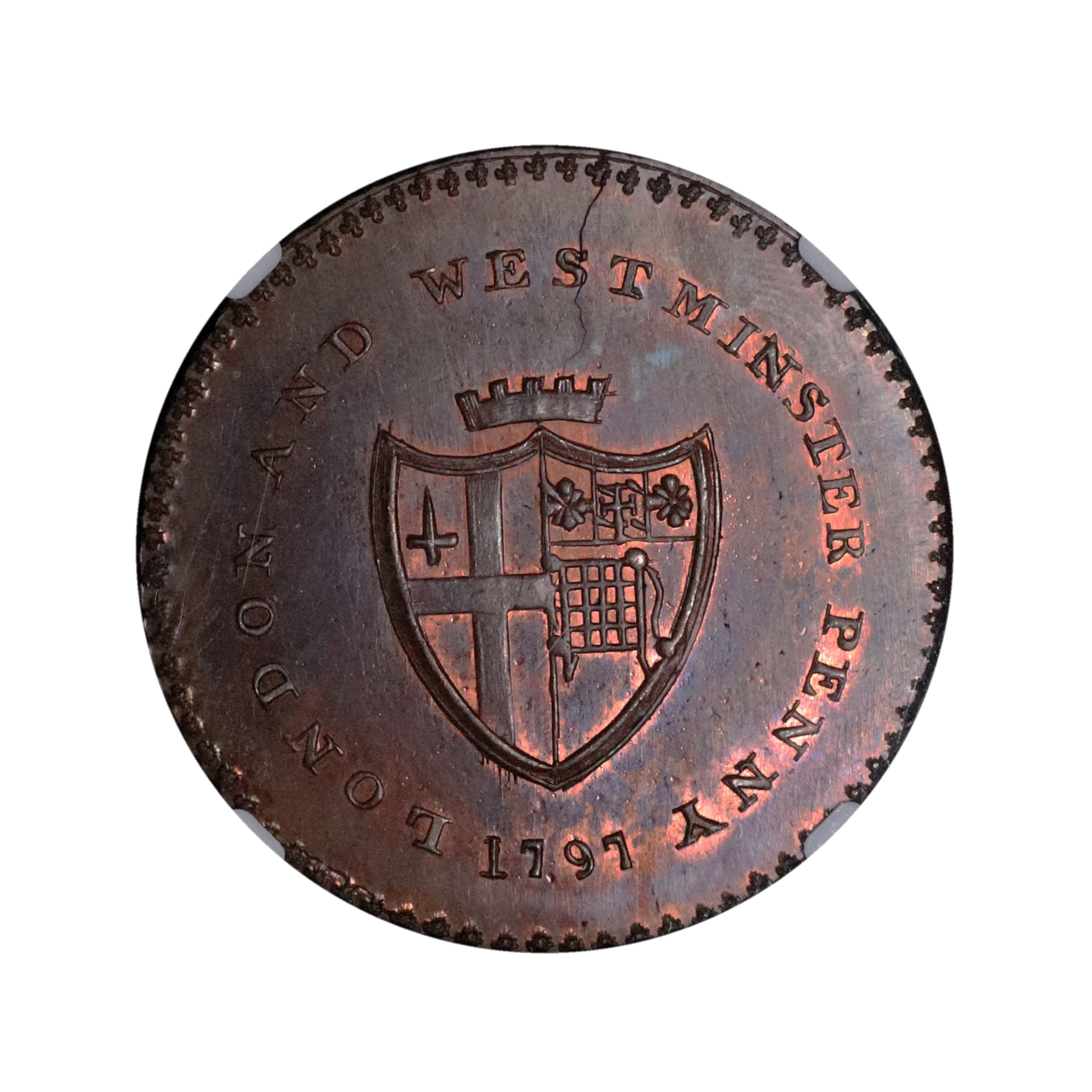 Lot 108 - Prattent's Middlesex London & Westminster penny D&H 94, Rare, NGC 64RB - Image 3